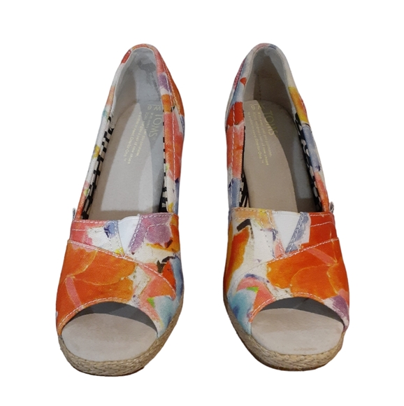 Tom's Women's Oahu Floral Canvas Espadrille Wedge Sandals Open Toe Size 6 - Picture 2 of 9